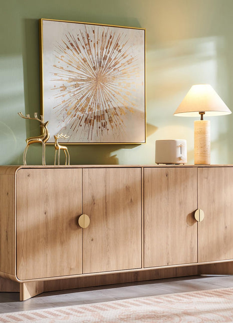 Modern 70" Buffet Cabinet with Storage, Featuring 4 Doors and Adjustable Shelves, Wooden Curved Design for Dining Room, Kitchen, and Living Room in Natural Oak Finish