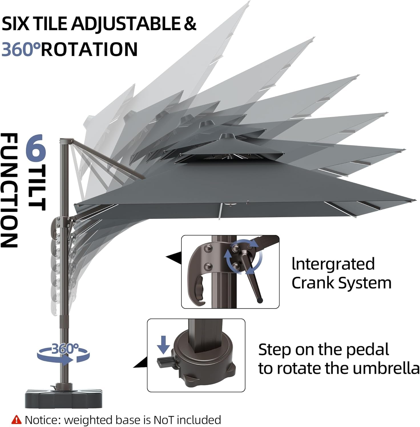 10X13Ft Cantilever Outdoor Patio Umbrellas, Double Top Large Rectangle Umbrella, Heavy Duty 360° Rotation Offset Outdoor Sun Shade Umbrella for Garden Deck Pool Backyard Patio, Grey