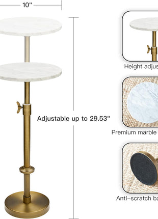 Adjustable-Height Marble Accent Table - 10x10x22-30, White Marble and Antique Brass, Modern Round End Table for Compact Spaces, Vintage Metal Martini Cocktail Stand