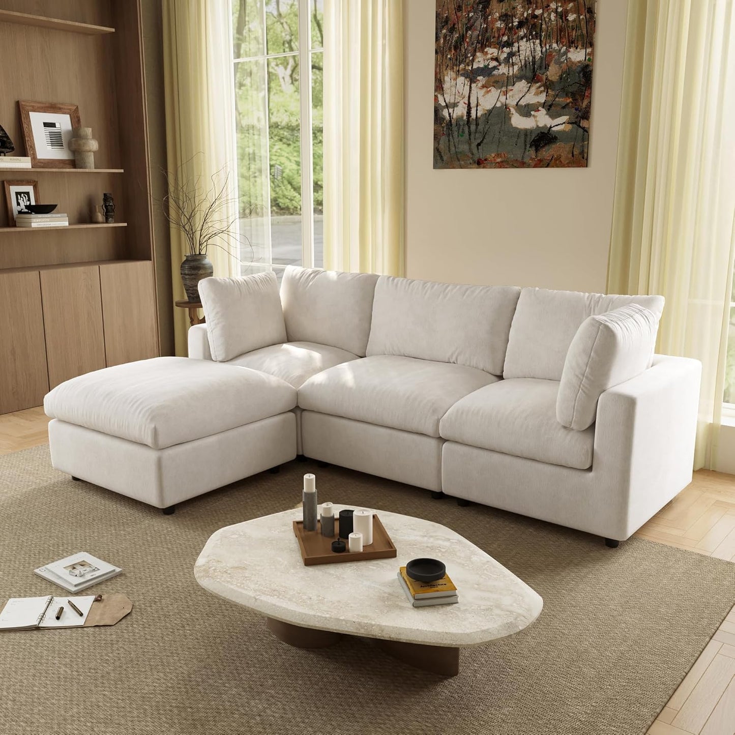 Modular Sectional Cloud Couch Modern L Shaped Sofa with Ottoman, 100 Inch 3-Seat Chenille Deep Seat Couches for Living Room, Bedroom and Apartment，Beige