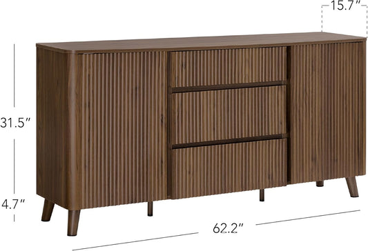 62" Sideboard Buffet Cabinet with Storage, Living Room Accent Cabinet with Drawers, Doors and Adjustable Shelves, for Bar, Kitchen, Walnut