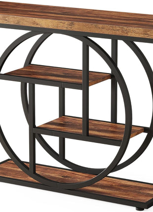 41.3" Industrial Console Table with Circular Base, 4-Tier Narrow Wood Accent Table Featuring Storage Shelves for Living Room, Hallway, and Foyer in Rustic Brown