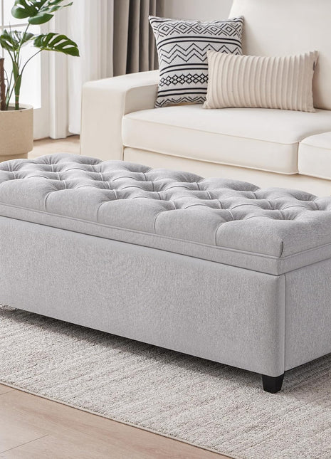 50-Inch Modern Tufted Storage Ottoman Bench in Light Gray for Living Room and Bedroom