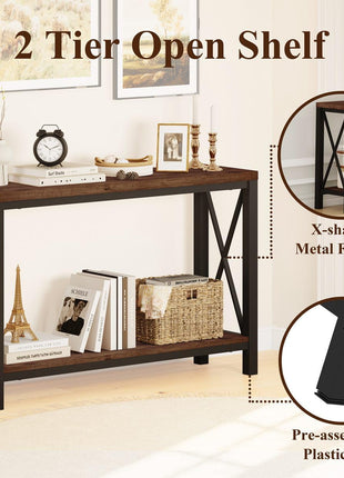 47-Inch Industrial 2-Tier Console Table in Rustic Oak for Entryway, Living Room, Hallway, and Foyer