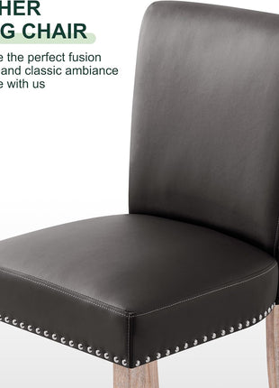 Set of 4 Mid-Century Modern Grey Faux Leather Dining Chairs with Nailhead Trim and Wooden Legs