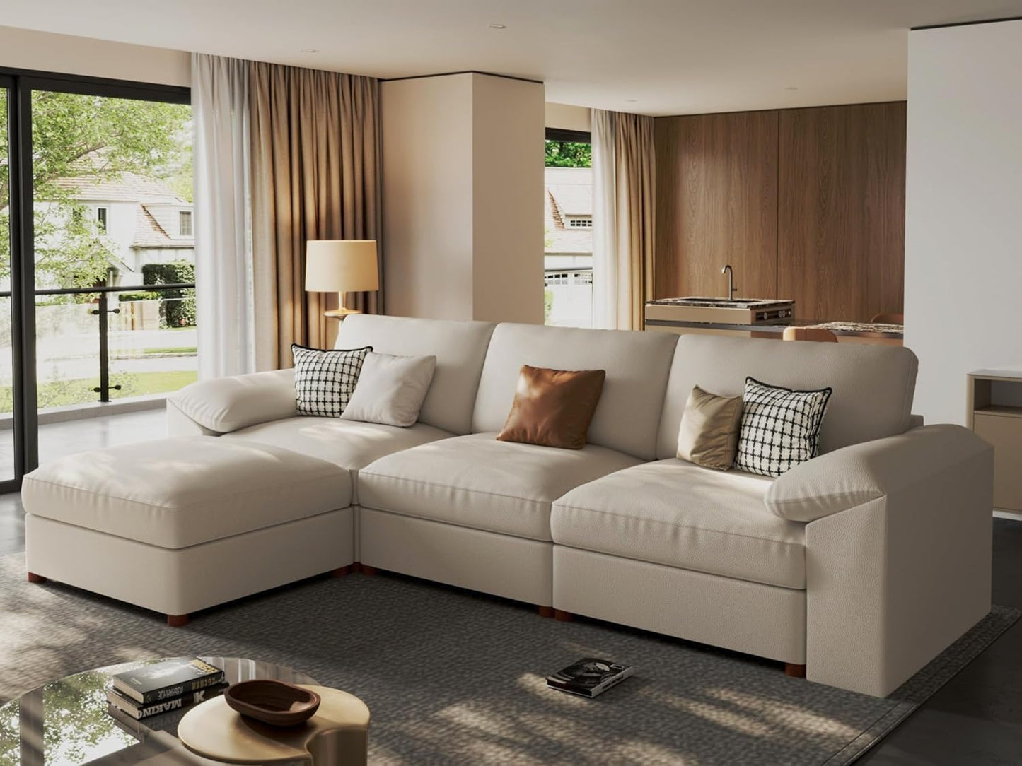 Leather Sectional Couch, Oversized Modular Sectional Sofas, Wide Deep Seat Modular Couch, Scratch Resistant Faux Leather Material, L Shaped Sofa for Big Spaces, Beige