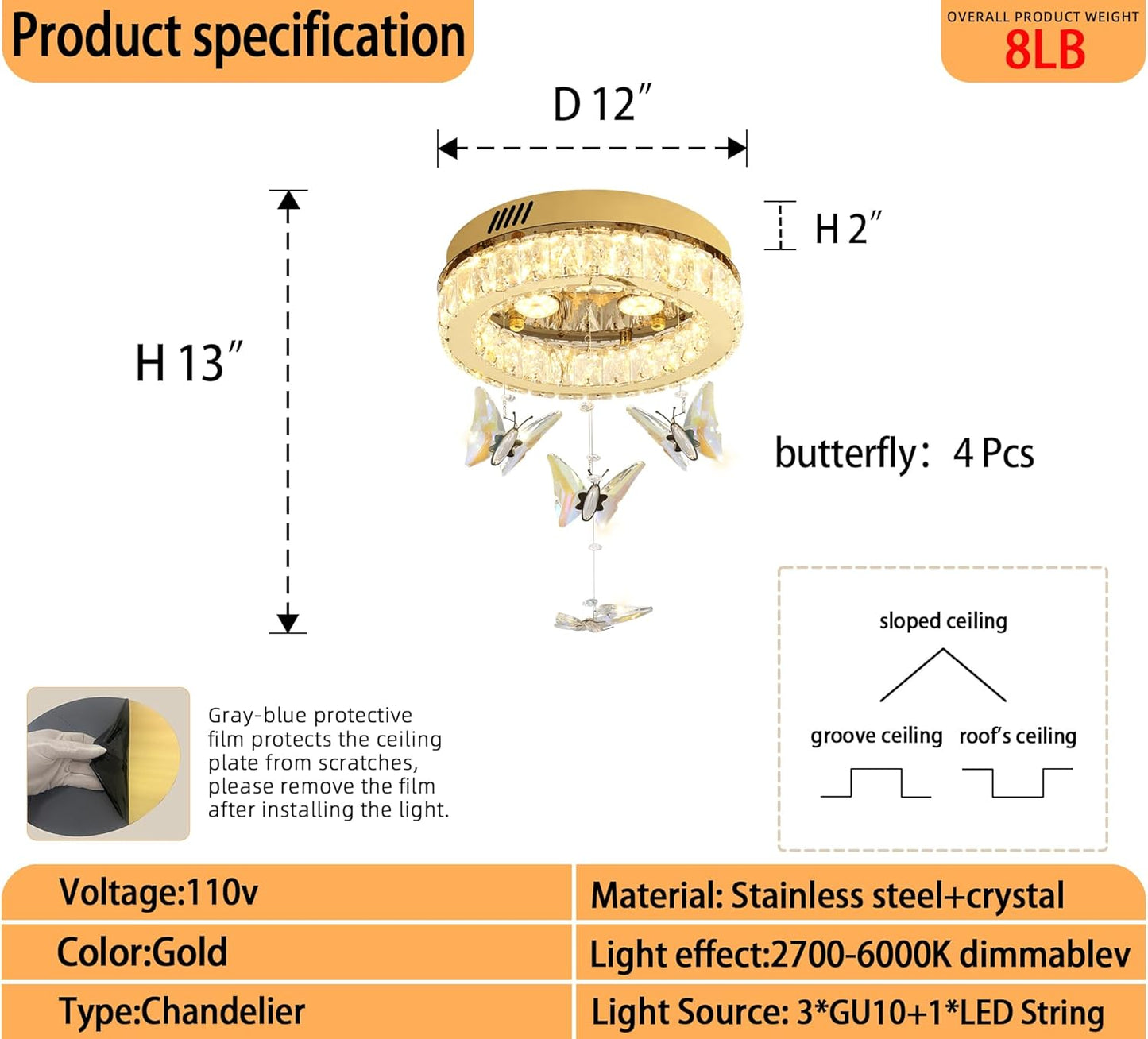 Butterfly Chandelier Gold 12In Modern Crystal Raindrop Chandelier Lighting Flush Mount Ceiling Chandeliers for Living Room 3XGU10