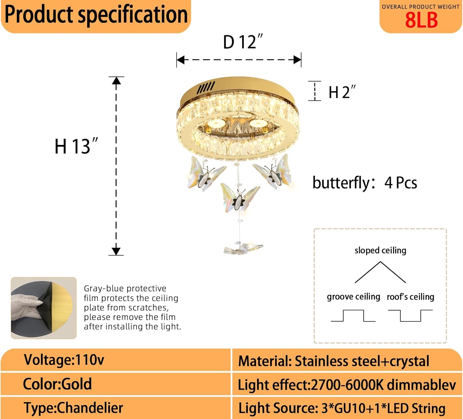 Butterfly Chandelier Gold 12In Modern Crystal Raindrop Chandelier Lighting Flush Mount Ceiling Chandeliers for Living Room 3XGU10