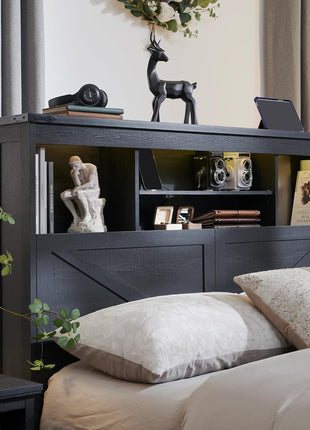 Farmhouse King Size Bed Frame with 52-Inch High Storage Bookcase Headboard, Four Drawers, LED Lighting, and Charging Station in Black