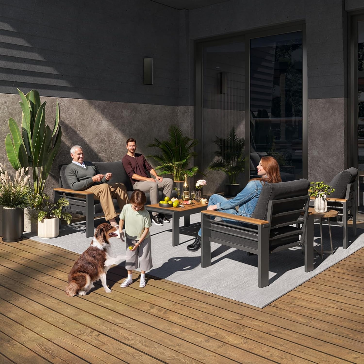 Aluminum Outdoor Patio Furniture Set, 5 Seats Outdoor Sectional with Coffee Table, Patio Conversation Sets with Upgraded Armrests and Cushions for Backyard, Garden and Poolside