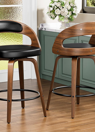Set of 3 Counter Height Swivel Bar Stools, 26" with Bentwood Legs and Back, Mid-Century Modern Faux Leather Upholstery for Kitchen Island, Black