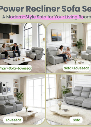 3-Piece Power Leather Recliner Sofa Set with Electric Reclining Sofa, Loveseat, and Chair - Home Theater Seating Featuring Cup Holders, USB Ports, and Storage Console