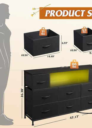 Elegant Black TV Stand Dresser for 45-55 Inch TVs, Entertainment Center with LED Lighting and Charging Station, Featuring 8 Fabric Drawers and Open Shelves for Living Room and Hallway, Wood Top Design