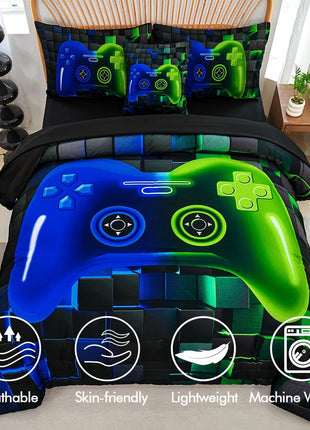 6-Piece Full Size Bed in a Bag Video Game Bedding Set for Boys, Featuring Soft 3D Printed Comforter and Sheets in Blue and Green, Ideal for Kids and Teens