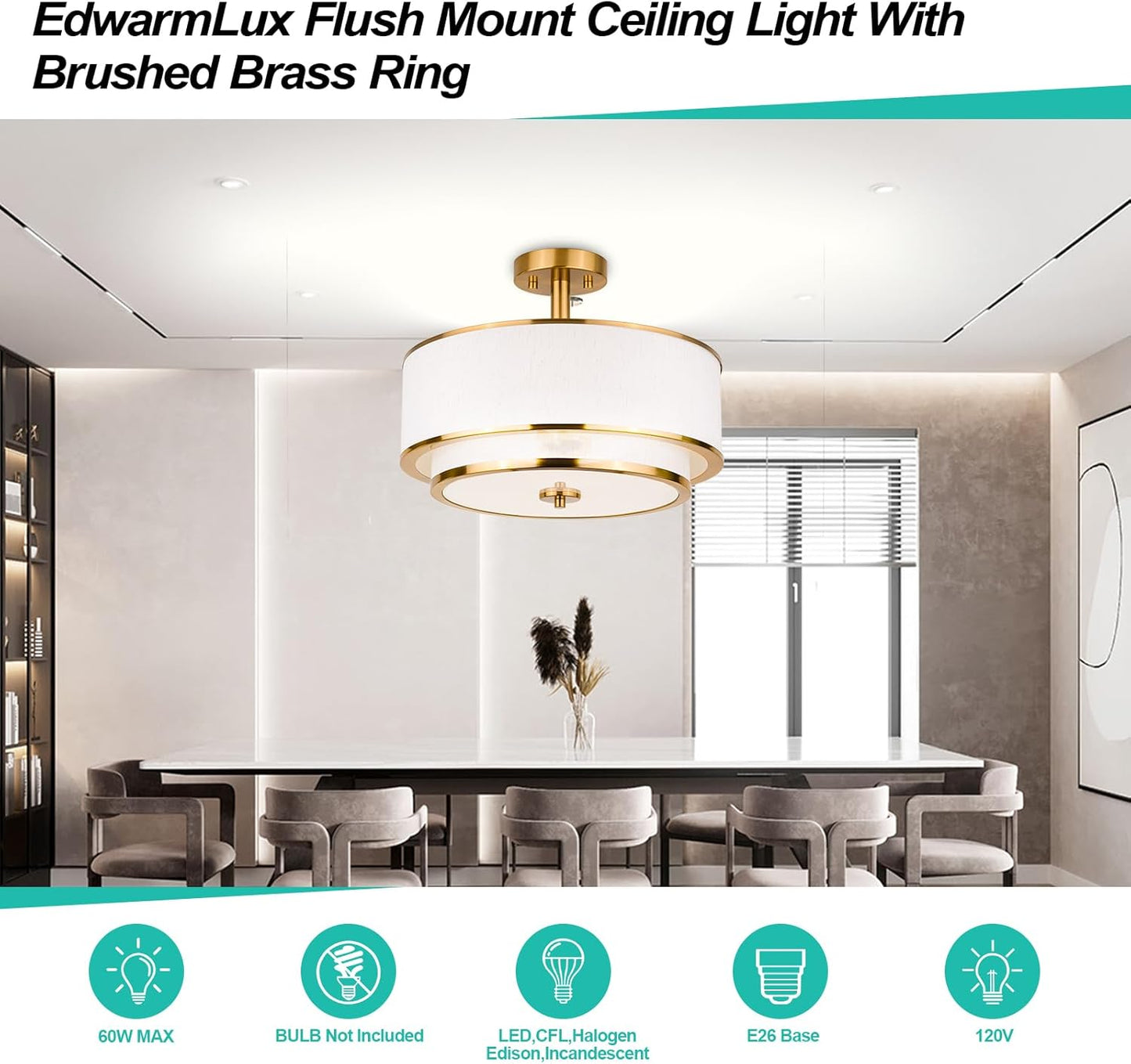 3-Light Semi Flush Mount Ceiling Light, 16" Drum Light with White Fabric Shade, Modern Close to Ceiling Lamp for Living Room Bedroom Dining Kitchen Hallway Entry (Brushed Gold)