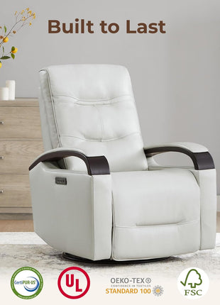 Genuine Leather Power Swivel Glider Rocker Recliner Chair, FSC Certified Mid-Century Modern Design with Adjustable Power Headrest for Nursery and Living Room, Creamy Grey