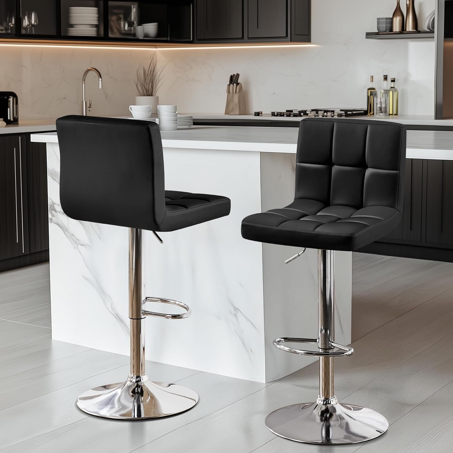 Bar Stools Set of 2, Adjustable PU Leather Swivel Barstools, Modern Counter Stools with Back and Footrest, Counter Height Barstools for Bar, Kitchen, Dining Room, Black