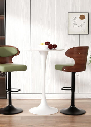 Set of 2 Adjustable Height Bentwood Swivel Bar Stools with Backrest and Footrest - Green PU Leather Upholstered Dining Chairs (24.5-33.5 IN)