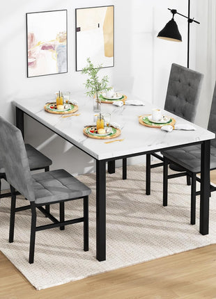 Contemporary Dining Table Set for Four with Faux Marble Surface and Velvet Upholstered Chairs, Perfect for Compact Spaces in White and Grey