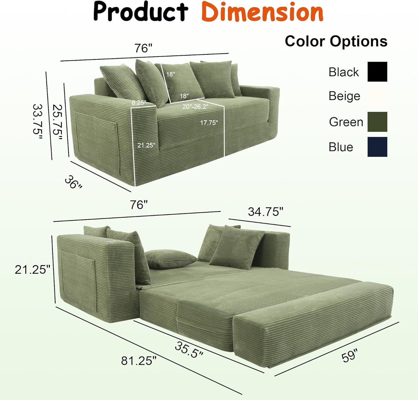 76" Convertible Sofa Bed, 2-In-1 Boneless Sleeper Sofa with Cup Holder & Pocket, Corduroy Pull Out Couch with 5 Pillows, Couch Bed for Living Room, Small Spaces, Bedroom, No Assembly