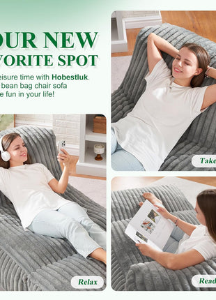 Large Bean Bag Lounger Chair for Adults with Memory Foam Filling - Ideal for Living Room, Bedroom, or Balcony (Stripe Grey)