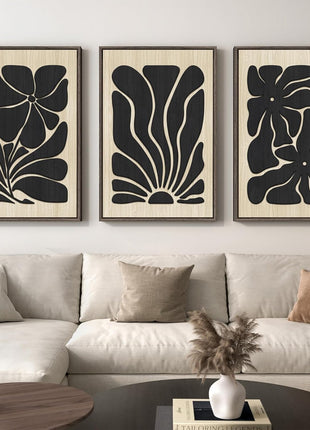 Framed Textured Wood 3D Wall Art - Large Bohemian Floral Triptych in Black and Beige, Abstract Design for Living Room, Office, Bedroom, and Hallway Decor, 24x36 Inches