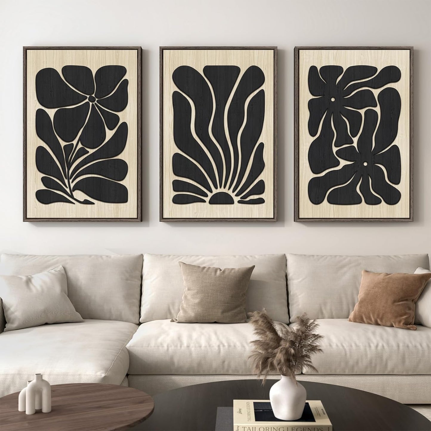 Framed Textured Wood 3D Wall Art for Living Room, Large Boho Floral Black and Beige Artwork for Walls, 3 Piece Abstract Bohemian Flower Wood 3D Art for Office Bedroom Hallway Wall Decor, 24X36 Inch