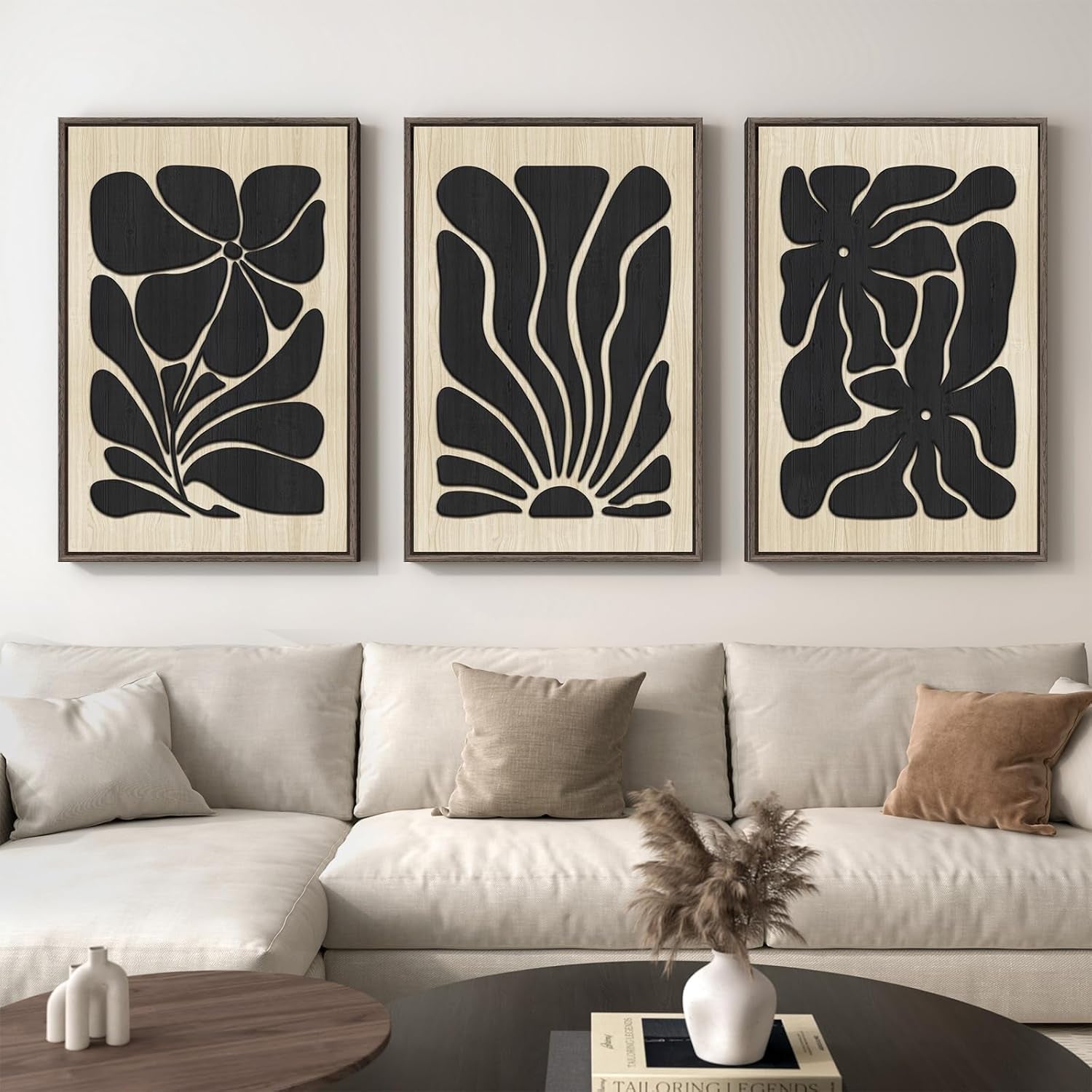Framed Textured Wood 3D Wall Art for Living Room, Large Boho Floral Black and Beige Artwork for Walls, 3 Piece Abstract Bohemian Flower Wood 3D Art for Office Bedroom Hallway Wall Decor, 24X36 Inch
