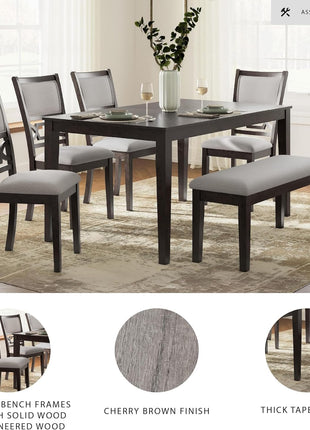 Langwest Dining Room Table Set by Signature Design by Ashley, Featuring 4 Upholstered Chairs and a Bench, Accommodates 6, Cushioned Seating, Cherry Brown Wood Finish