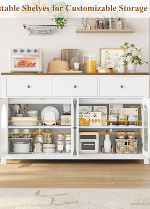 55.1" Large Farmhouse Buffet Cabinet with Storage, Featuring 3 Drawers and 4 Doors, Ideal for Kitchen and Dining Room Use