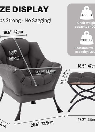Contemporary Lounge Chair with Ottoman - Spacious Accent Chair for Leisure, Reading, and Relaxation in Dark Grey for Bedroom, Living Room, Dormitory, and Outdoor Spaces