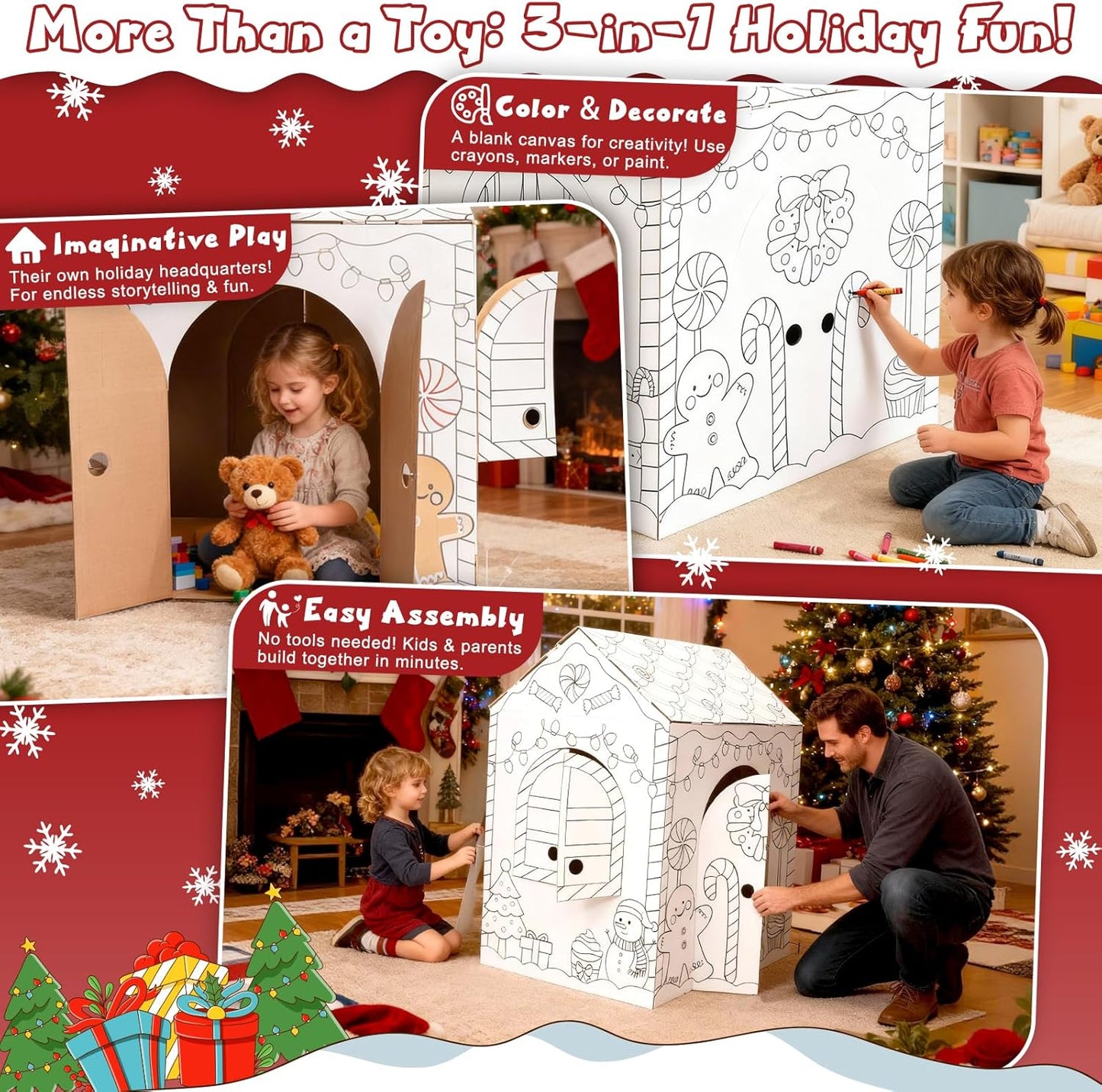 Gingerbread Cardboard House to Color for Kids Toddlers, Large Gingerbread Cardboard Coloring House Playhouse Christmas Arts & Crafts Activity Indoor Fun, 40" X 32" X 26"