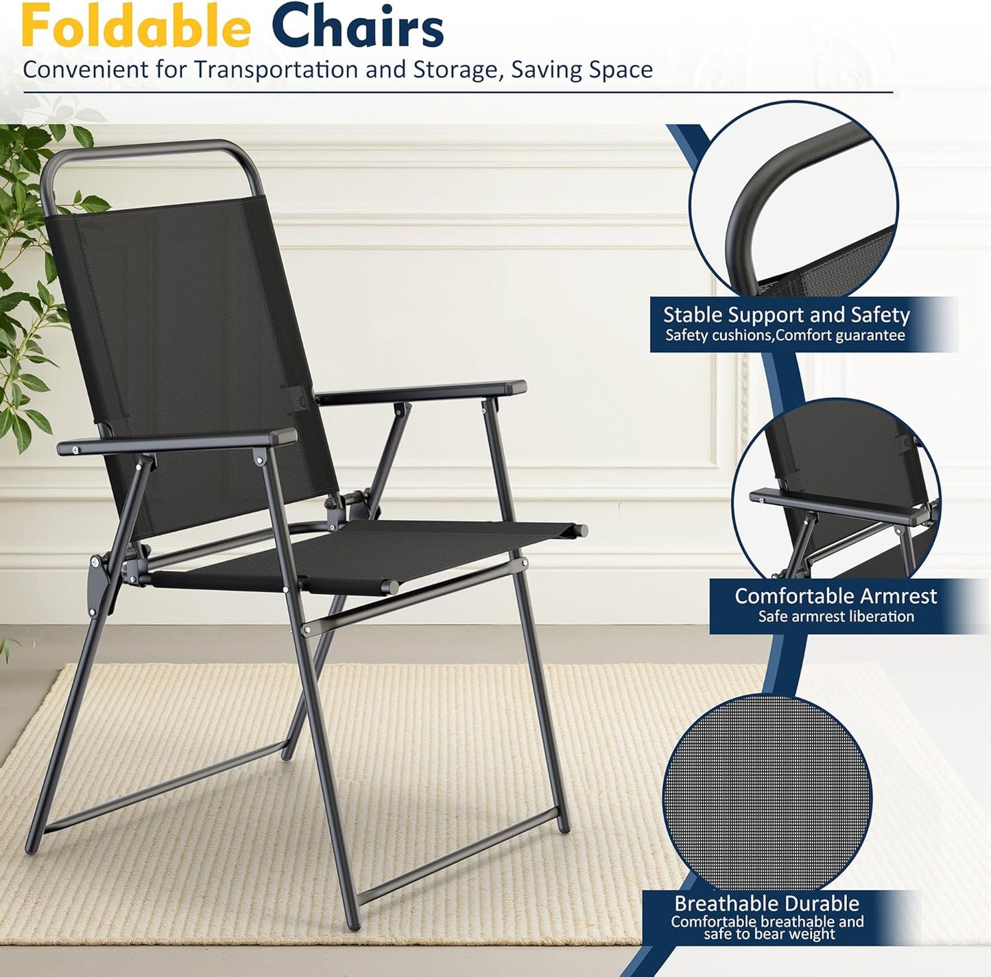 6 Piece Patio Dining Set with Umbrella, Outdoor Furniture Set with 4 Folding Chairs and Tempered Glass Top Dining Table Fot Lawn Backyard Garden Porch Black