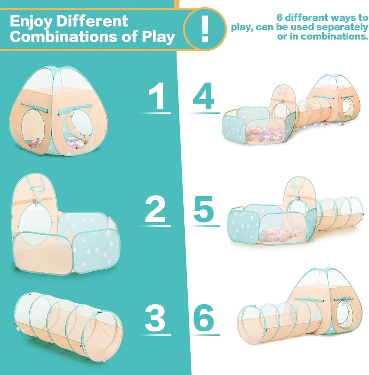 3 in 1 Kids Play Tent with Baby Ball Pit and Play Tunnel, Toddler Climbing Toys for Boys, Girls, Babies, Indoor Outdoor Pop up Playhouse Tunnel Toys (Balls NOT Included)