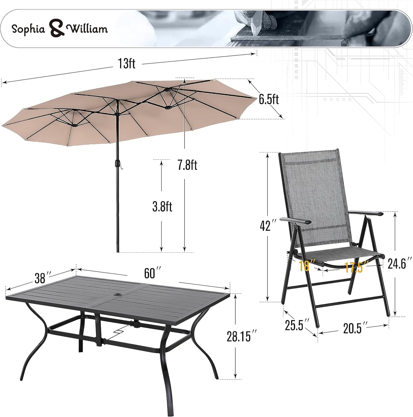 7 Pieces Patio Dining Set with 13Ft Beige Umbrella, Folding Outdoor Dining Chairs for 6, Rectangular Metal Patio Table and Sling Chairs Set, Grey