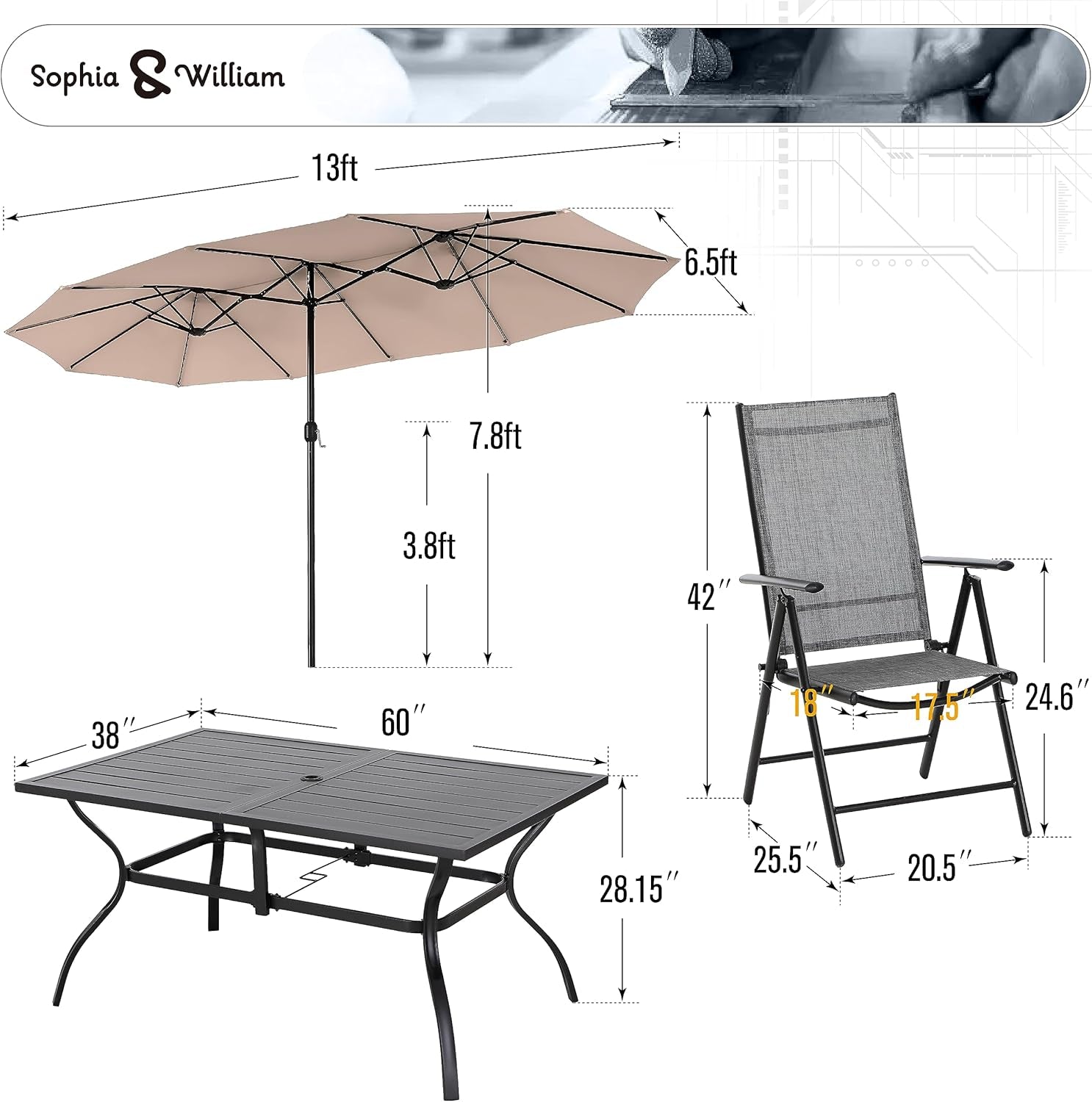 7 Pieces Patio Dining Set with 13Ft Beige Umbrella, Folding Outdoor Dining Chairs for 6, Rectangular Metal Patio Table and Sling Chairs Set, Grey