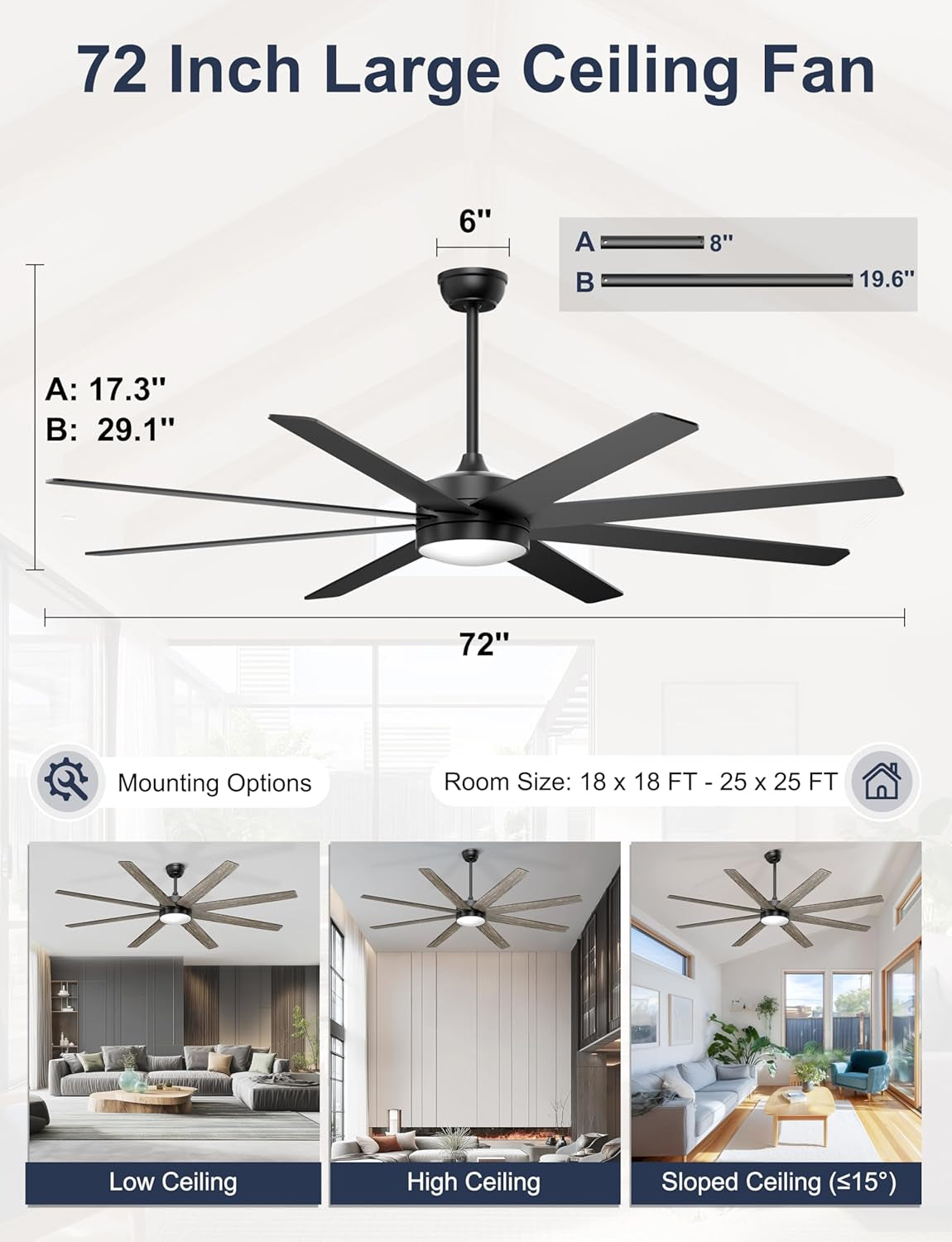 72'' Large Ceiling Fans with Lights, Modern Black Ceiling Fan Remote/App Control, Dimmable, Quiet DC Motor Big Ceiling Fan for Indoor/Covered Outdoor