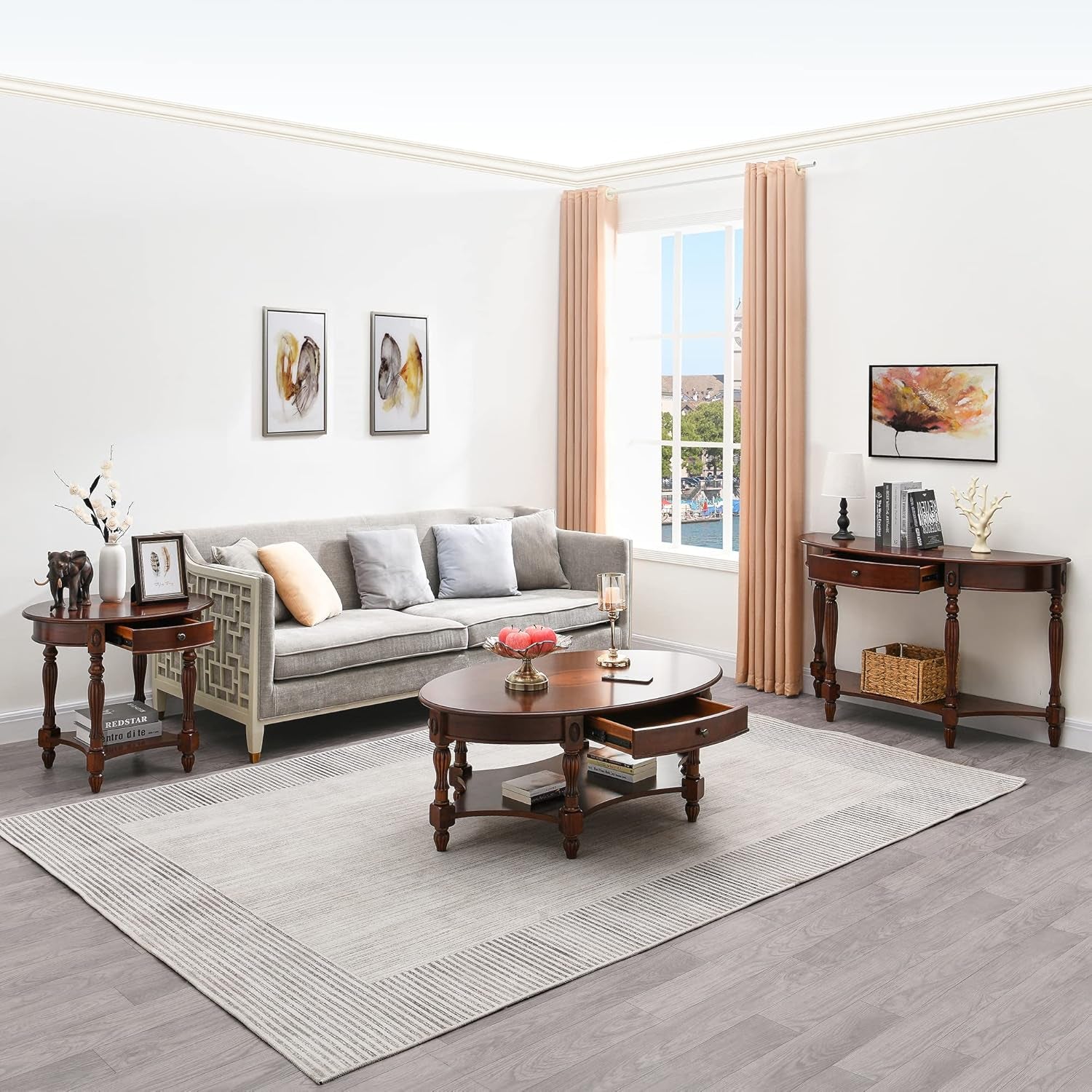 Solid Wood Console Table with Drawer, Semi-Circle Entryway Storage Shelf, Half-Moon Carvings Side Elegant Vintage Sofa for Living Room,Blank Wall Walnut SFZ1533WD-DR Brown 47.7*18*30.2