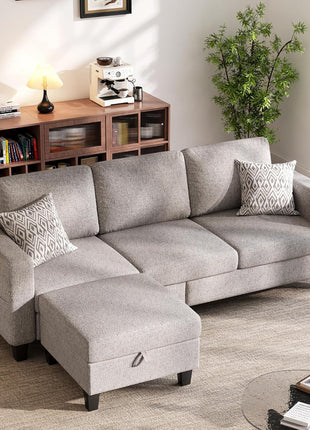 L-Shaped Sectional Sofa with Movable Ottoman, 78'' Brown 3-Seat Linen Couch, Ideal for Small Spaces, Apartments, and Dorms