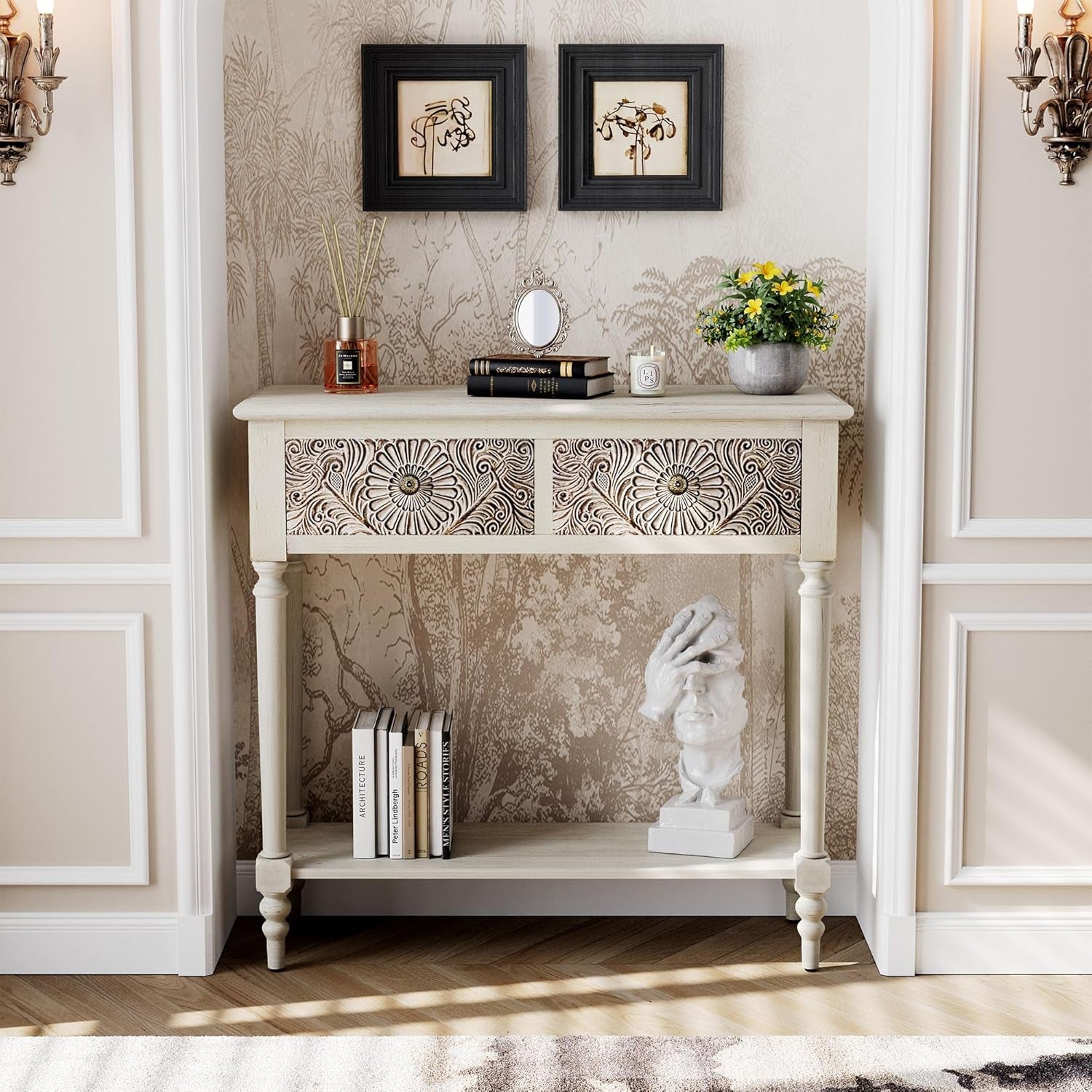 Console Table with 2 Drawers, MDF Narrow Entryway Table with Storage Shelf, Wood Accent Sofa Table for Living Room, Entrance, Hallway, Couch, Light Grey