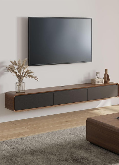 POVISON Fully Assembled Minimalist Floating TV Stand - Modern Wall-Mounted Entertainment Center with Three Flip-Down Cabinet Doors, Solid Wood Construction, Walnut Veneer Finish, 78 Inches