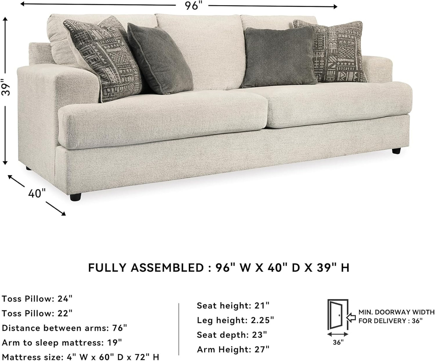Soletren Contemporary Chenille Queen Sofa Sleeper with 4 Accent Pillows, Off-White