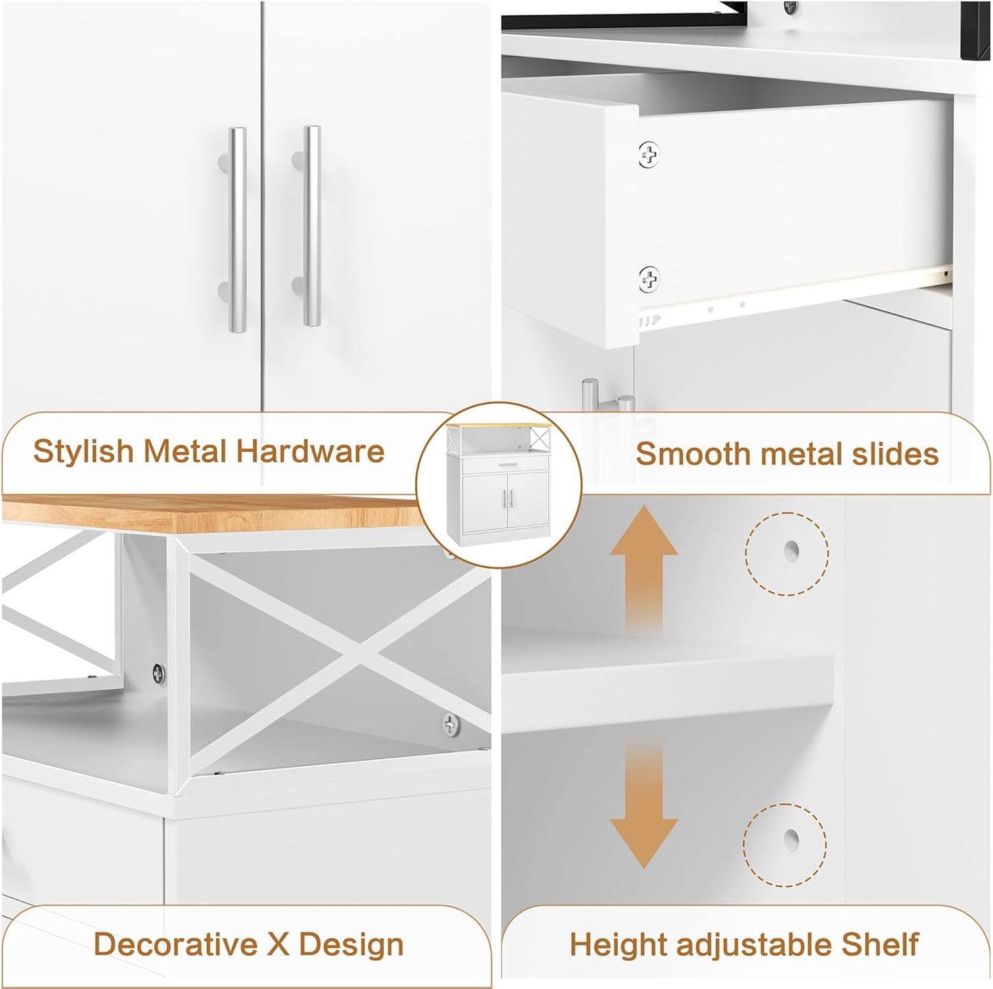 Kitchen Buffet Cabinet with Adjustable Shelf, Modern Kitchen Storage Cabinet,Farmhouse Coffee Bar Cabinet（White）