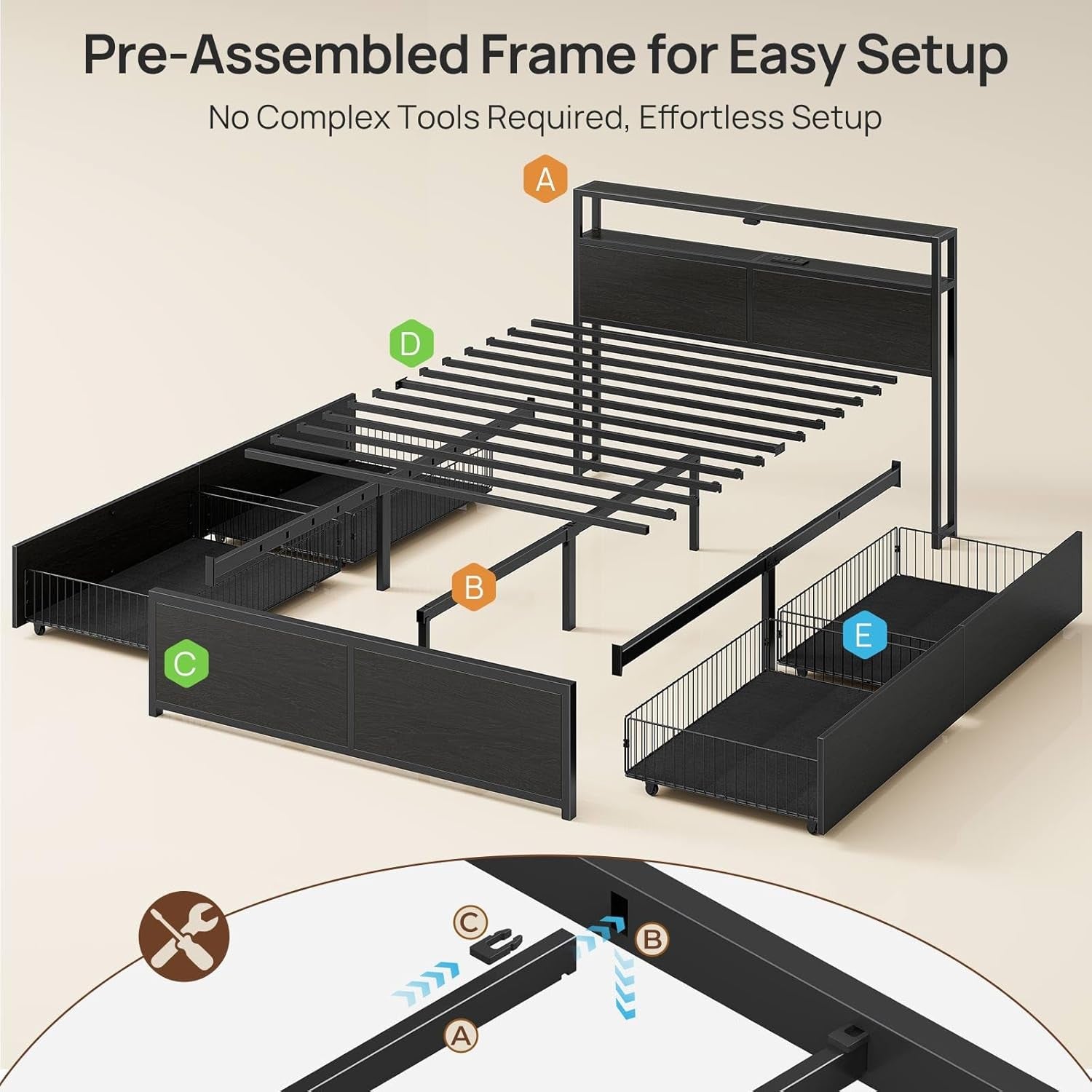 Full Size Bed Frame with 4 Storage Drawers, Charging Station and LED Lights, Metal Platform Bed with 2-Tier Storage Headboard, No Box Spring Needed, Easy Assembly, Noise-Free, Black