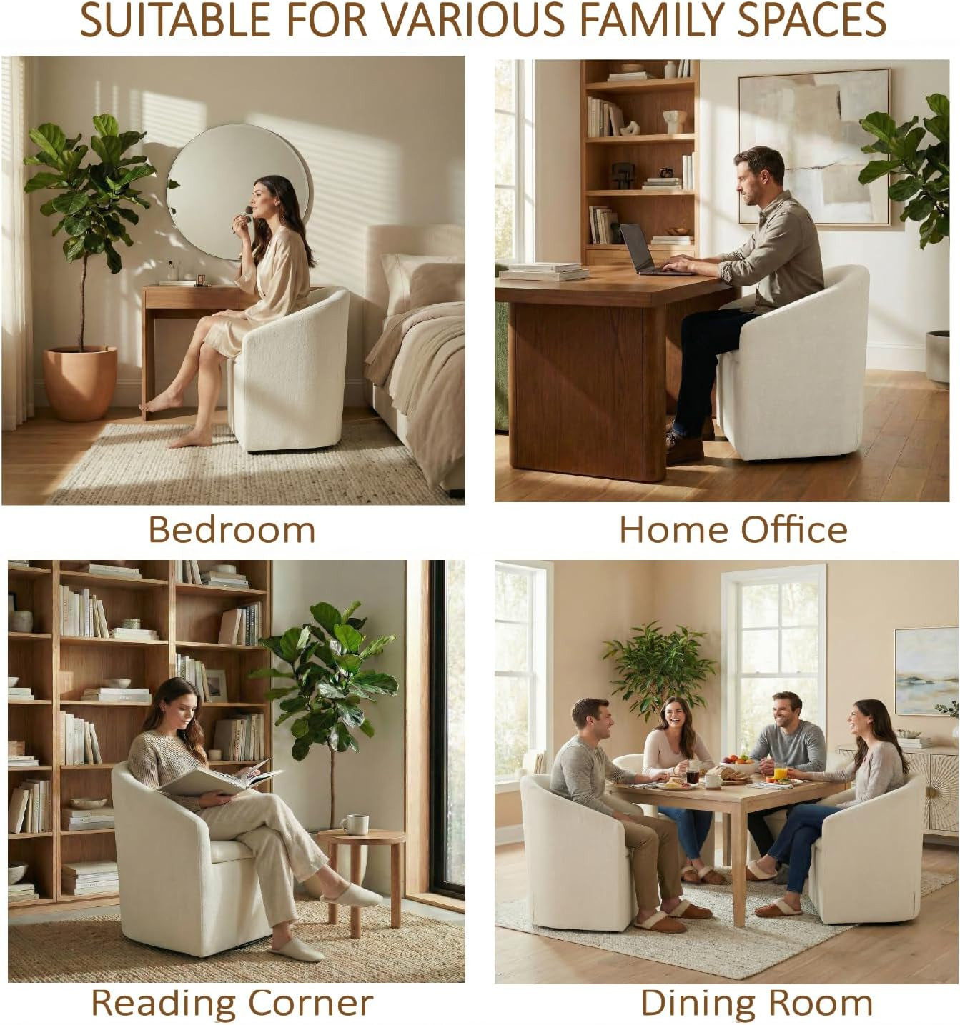 Upholstered Dining Chairs with Casters, Washable Cover Modern Dining Room Chairs with Barrel Backrest & Dual Armrest for Kitchen, Living Room, Bedroom, Linen Fabric, 4PCS