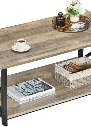 39-Inch Farmhouse Coffee Table with Storage Shelf and Rounded Corners - Gray Wash Finish, Space-Saving Design, Easy Assembly for Living Room