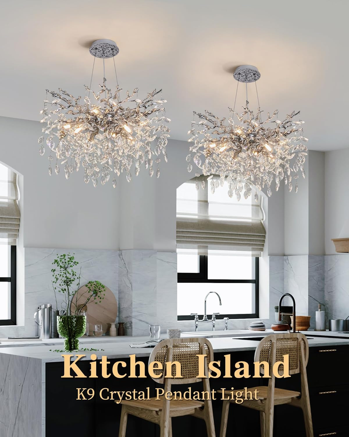 Modern Tree Branch Crystal Chandelier Luxury Silver Crystal Pendant Lighting 23.6" Contemporary 8-Light Chandeliers for Dining Room Kitchen Bedroom Living Room