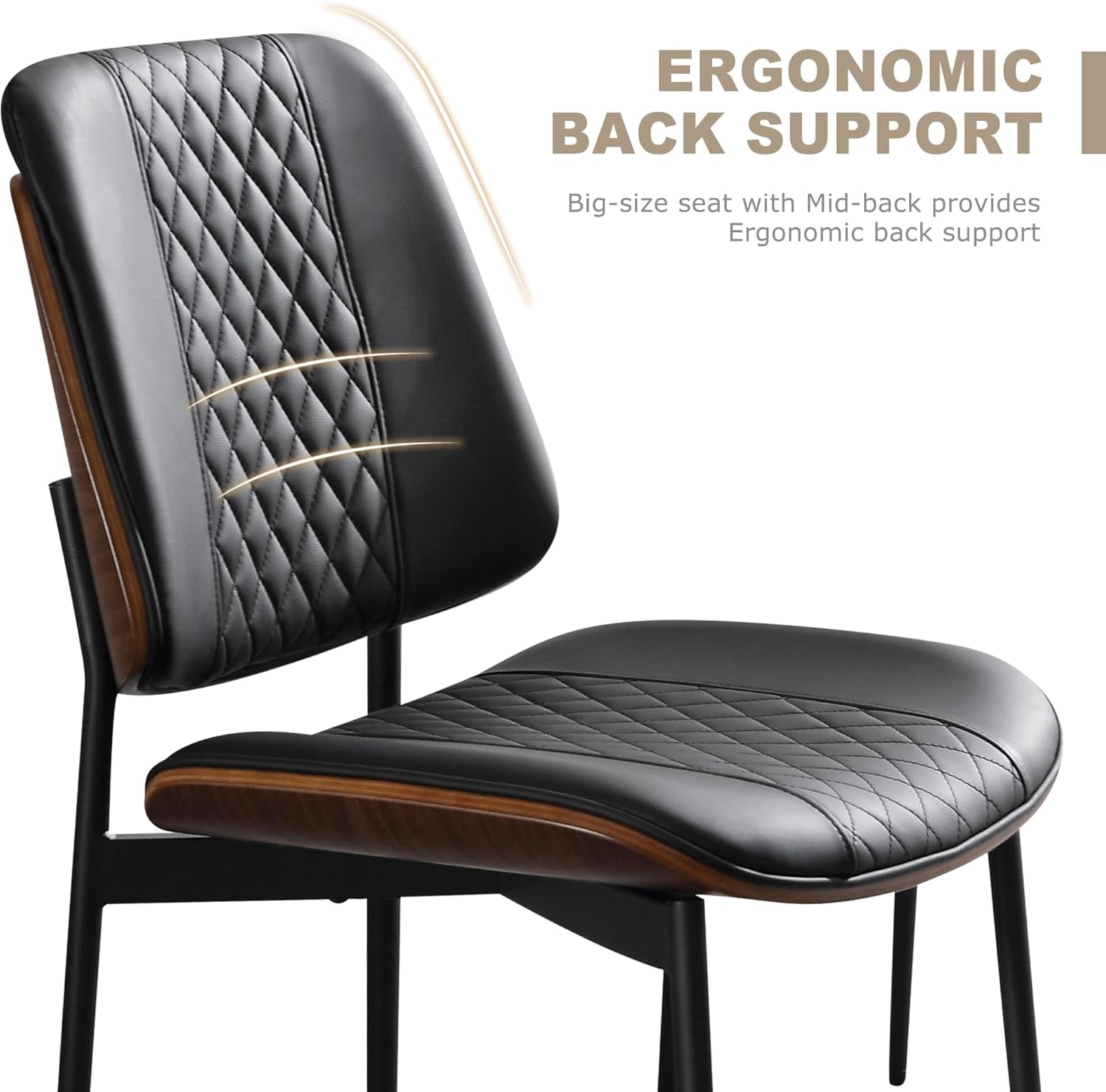 BV Dining Chairs Set of 6, PU Leather Armless Kitchen Chair in Modern Walnut Style, Mid Century Bentwood Side Chair with Metal Legs, Retro Accent Guest Chair for Kitchen Dining Room(Black)