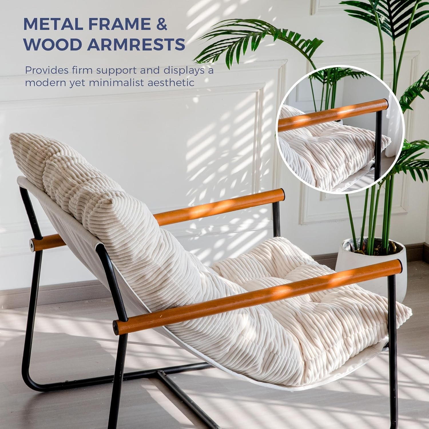 Modern Accent Chair, Comfy Living Room Chair with Metal Frame Wooden Armrest, Upholstered Armchair with Soft Cushion for Bedroom Balcony Lounge Reading Room, Beige