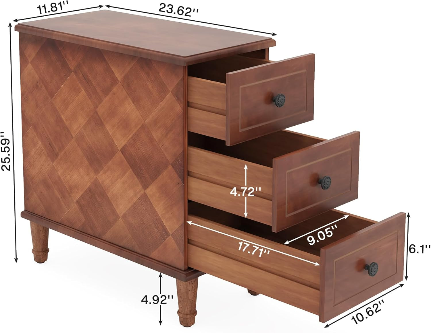 Solid Wood End Table, Fully Assembled Narrow Side Table with Drawers, Pre-Assembled Nightstand Slim Bedside Table for Small Spaces, Living Room, Bedroom, Brown